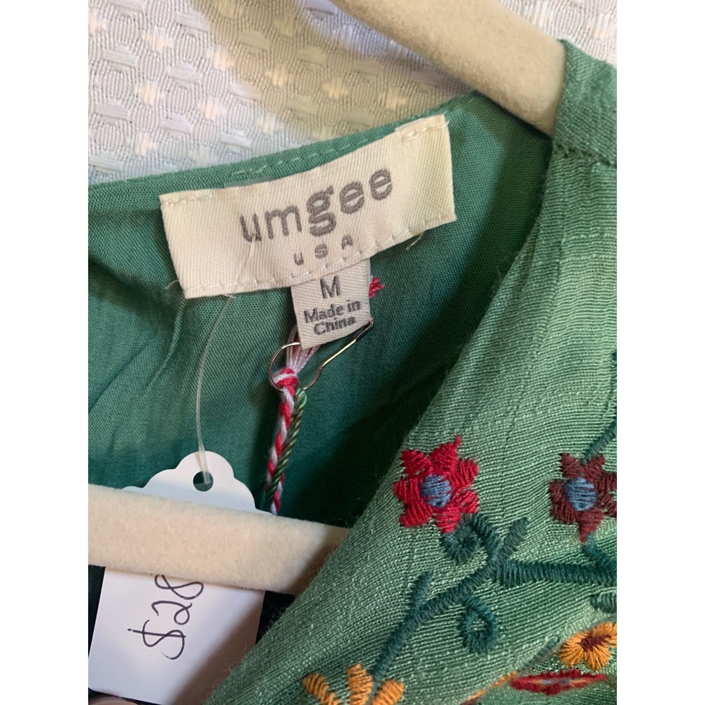 Umgee USA Green Floral Embroidered Boho Tunic Top Ruffle Bell Sleeve Medium - Picture 4 of 8